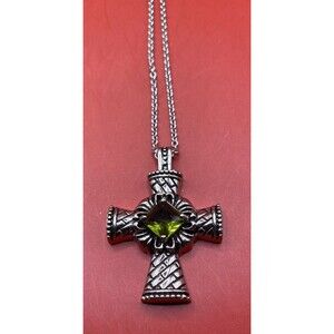 Vintage Cross Necklace Silver Tone Green Stone Filigree Religious Medieval 17”